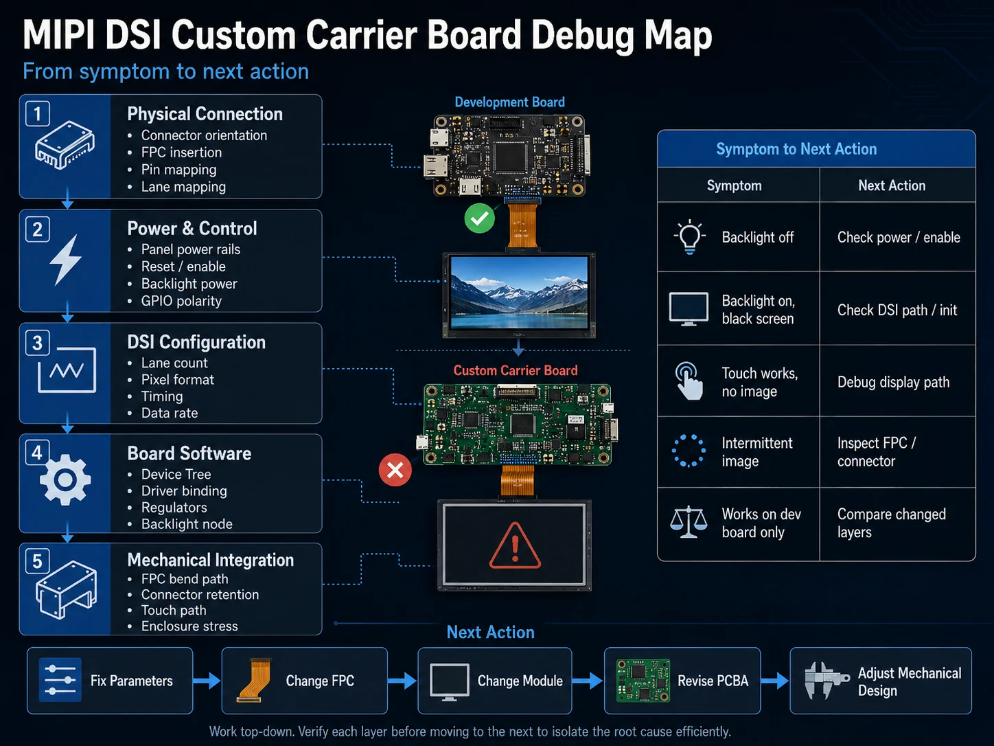 MIPI DSI custom carrier board debug map showing physical connection, power, DSI configuration, Device Tree, FPC, and next troubleshooting actions