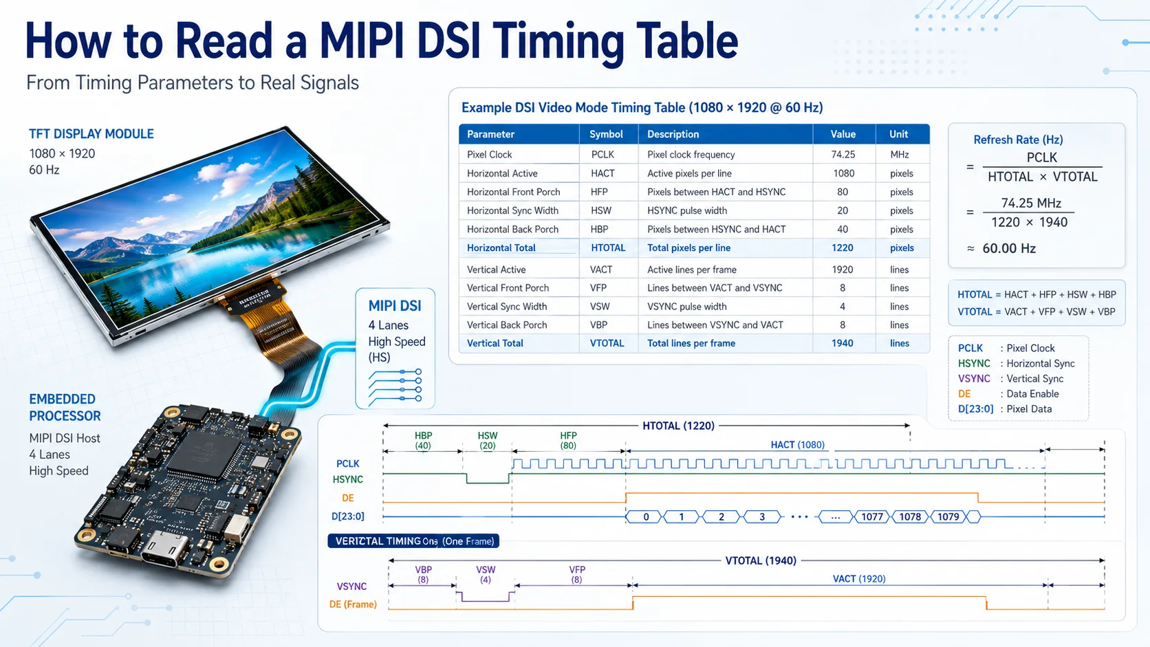 MIPI DSI timing table analysis showing pixel clock, horizontal and vertical porch, sync width, refresh rate calculation for embedded display integration