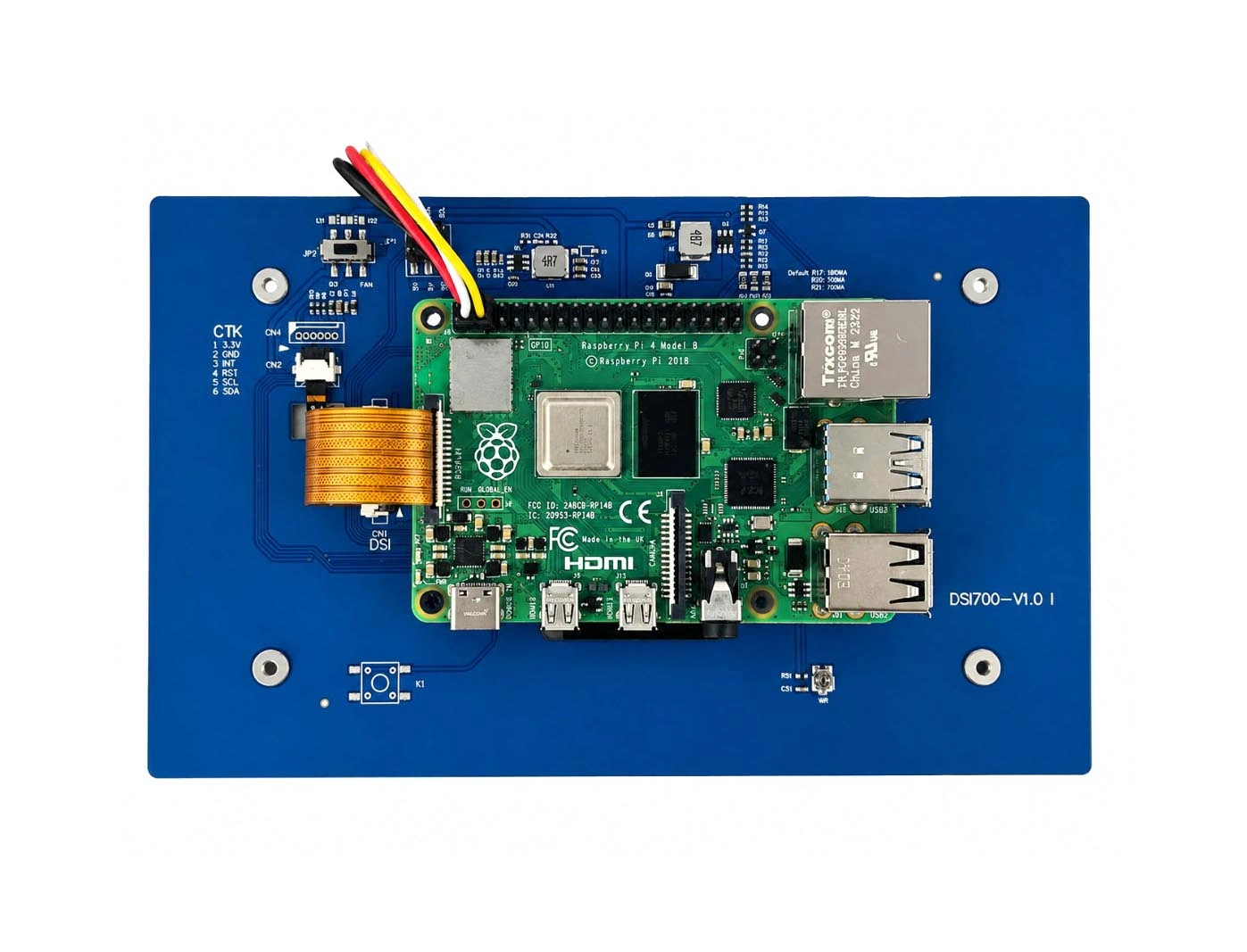 Rear view of Kadi KD070RPI02 7-inch MIPI DSI display showing the FPC connector and Raspberry Pi interface board