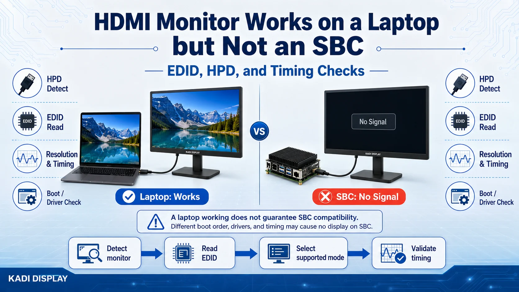 HDMI monitor works on a laptop but shows no signal on an SBC, with EDID, HPD, resolution, timing, and driver checks