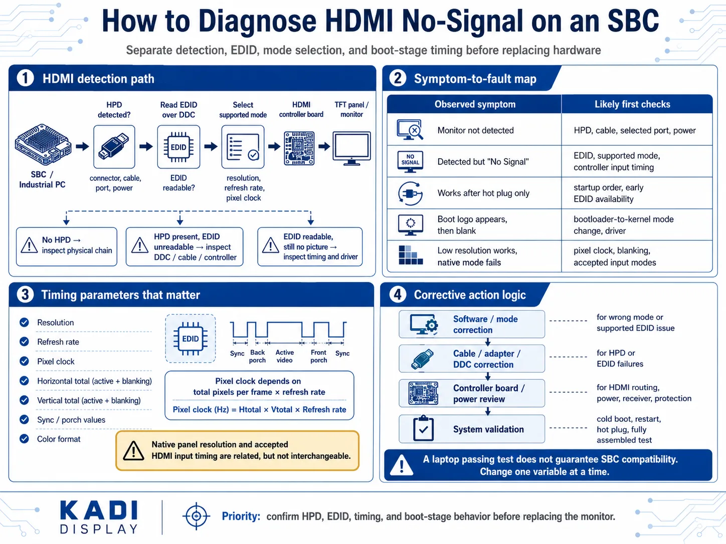 HDMI no-signal troubleshooting on an SBC with HPD, EDID, timing, and mode checks