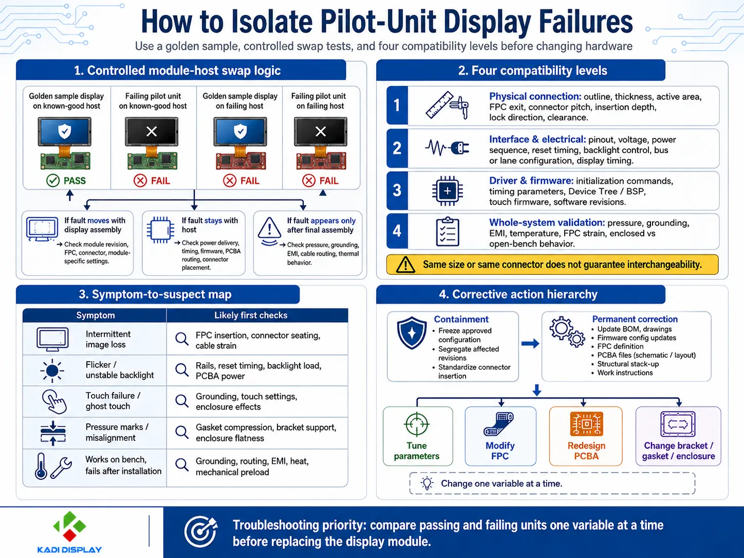 LCD pilot-unit display failure isolation workflow with golden-sample swap tests and compatibility checks
