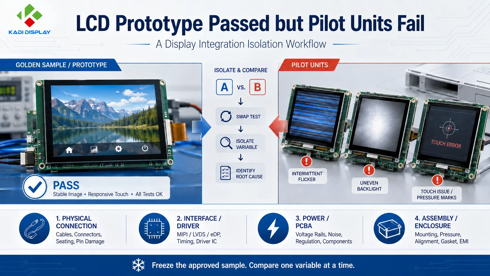 LCD prototype passed but pilot units fail during display integration, comparing module, FPC, PCBA, driver, and enclosure issues