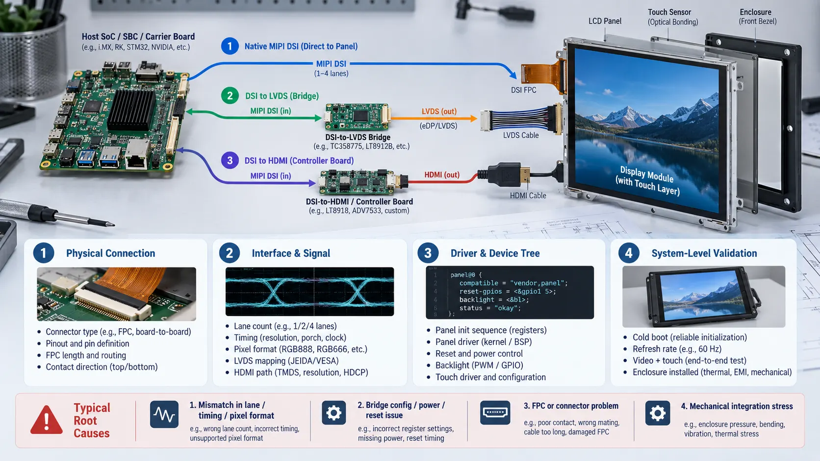 MIPI DSI vs LVDS vs HDMI bridge display architecture showing signal paths, interface compatibility checks, driver configuration and system-level validation workflow