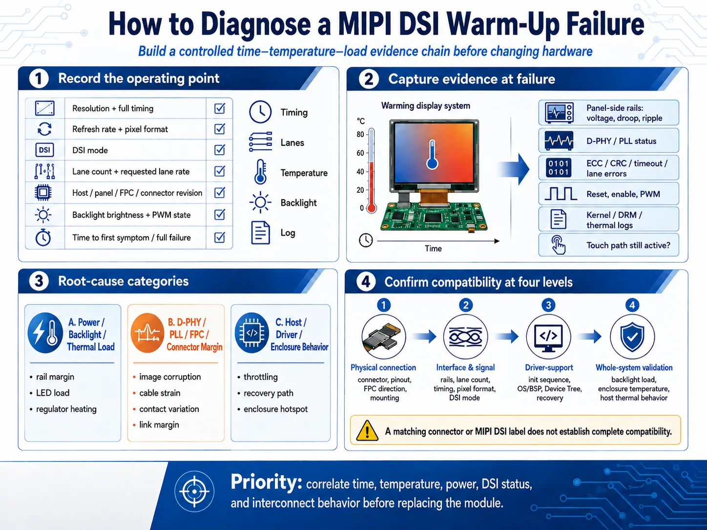 MIPI DSI warm-up failure troubleshooting infographic