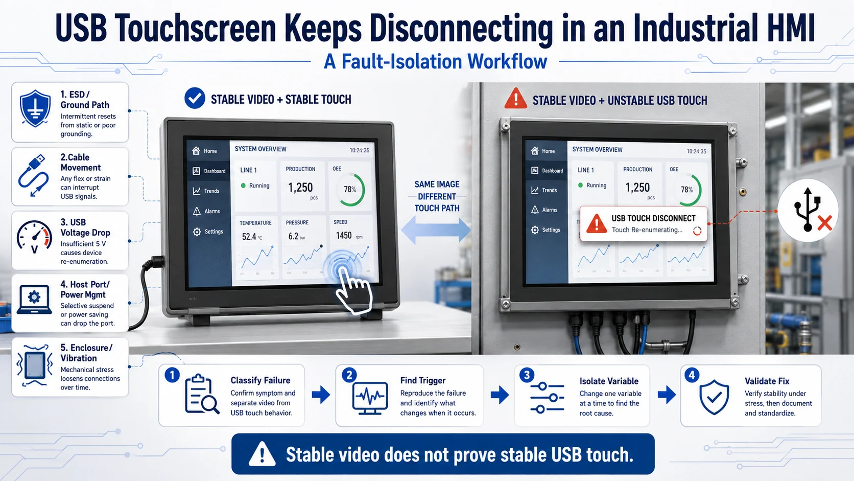 USB touchscreen disconnecting in an industrial HMI with ESD, cable, voltage drop, host port, and power-management checks