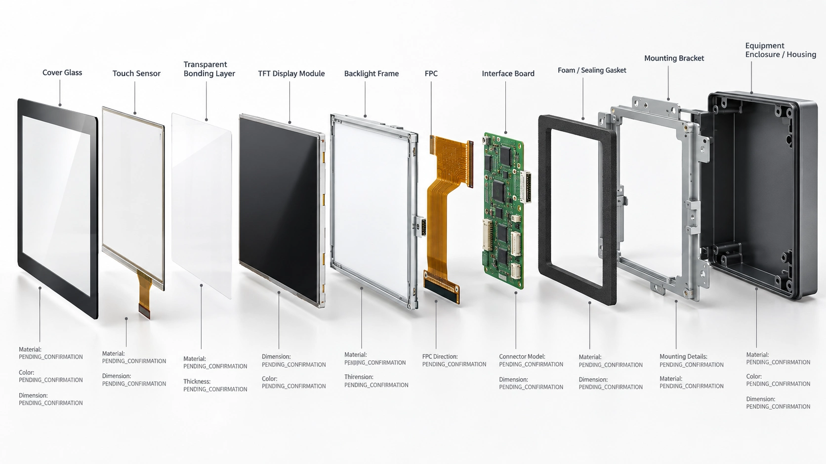 Exploded view of a custom display assembly with TFT touch cover glass FPC bonding and mounting