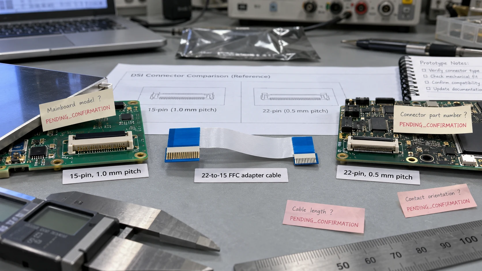 Raspberry Pi 15-pin and 22-pin DSI connectors with the matching adapter cable
